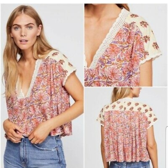 FP NWT Leilani Floral Lace Crochet Jersey Cropped Babydoll Cottagecore Shirt - Picture 3 of 16